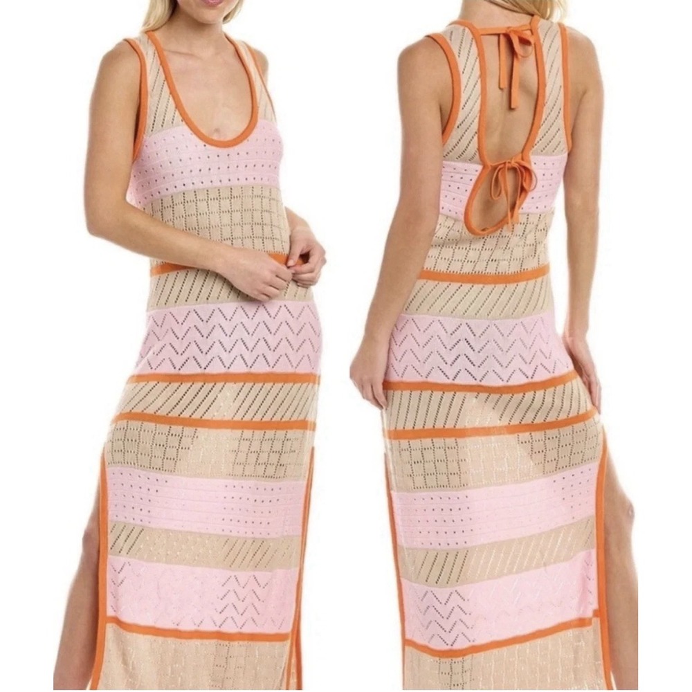 Ramy Brook Crochet Knit Maxi Dress S Pink Tan Orange Striped Open Back Beach